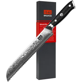 SHAN ZU 20 cm Damast Brotmesser mit Wellenschliff, 67 Lagen Japanischer Damaststahl, Kuchenmesser aus kohlenstoffreichem Superstahl, Ergonomischem G10-Griff - PRO Series