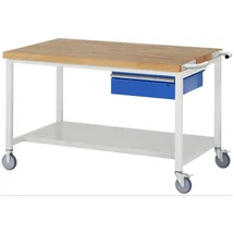 Rau Werkbank Stahl 1500x900x880mm blau fahrbar mit 1 Schublade