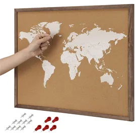 Navaris Kork Pinwand Memoboard Tafel - 70x50cm Pin Board Korkwand mit Holz Rahmen Stecknadeln Fahnen Montageset - World Map Pinnwand - Memo Korktafel