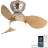 ycwdcz Ø56cm Mini Deckenventilator mit Lampe und Fernbedienung, kleine Deckenventilator mit Beleuchtung, Reversibel Sommer Winterbetrieb 6 Gang Leise DC Motor, Silber + Holzmaserung