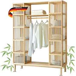 DELUKE® Kleiderschrank Bambus VISKINA 185x140x45 10 Fächer Garderobenständer Holz Kleiderständer Bambus Freistehende Garderobe mit Kleiderstange