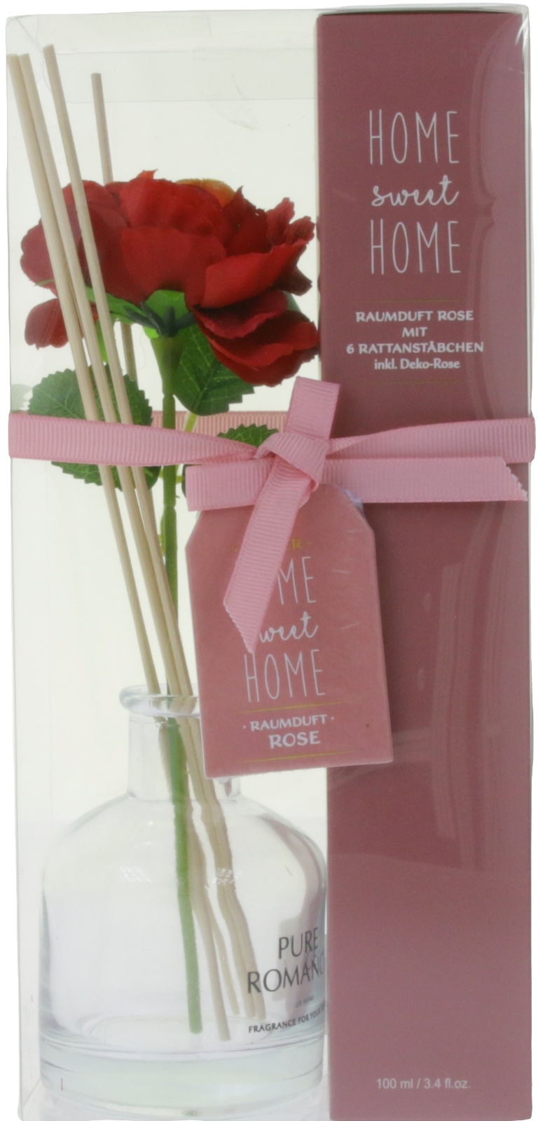 HOME sweet HOME Raumduft Rose mit 6 Rattanstäbchen inklusive Deko-Rose in schöner Geschenkverpackung 100 ml - One-Size