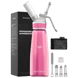 SimCoker Sahnespender 500ml,Aluminium Schlagsahnebereiter,Sahnesiphon Ersatzteile 3 Edelstahl Spritztüllen 1 Reinigungbürste,Deutsche Anweisungen,Rosa