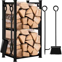luxuskollektion Kaminholzregal mit 4 Kaminwerkzeugen 72 x 46 x 30 cm Schwarz
