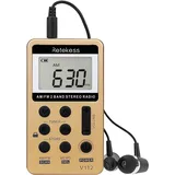 Retekess V112 Mini Radio Batteriebetrieben,Radio Klein mit Kopfhörer,FM AM,Schlaftimer,Wiederaufladbar,LCD,500mAh Akku,Geeignet zum Laufen,Reisen,Angeln(Gold)