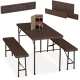 Relaxdays Bierzeltgarnitur klappbar, 3-tlg. Bierbank Set mit großem Tisch, Garten, Festzeltgarnitur, Rattanoptik, braun