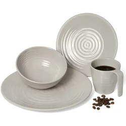 Moritz Melamin Camping Geschirr Set 4 Personen Coffee Design 16 Teilig + 16 Milano Gläser Wassergläser Weingläser Champagner-Gläser Flûtes Tafelgeschirr