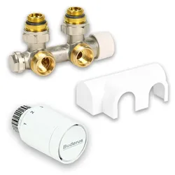 Anschlussset 1/2'' (DN 15) Winkelform für Badheizkörper Mittenanschluss inkl. Buderus Design Thermostatkopf + Abdeckrosette