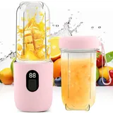 BIZOI Tragbarer Mixer Smoothie Maker, 500 ml Mixer Smoothie Maker to Go mit Digitalanzeige, 16-Blatt, USB Wiederaufladbar Mini Standmixer für Babynahrung Saft Marmelade Shake Smoothie (Rosa)