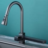 FGRDMUKP Küchenarmaturen mit herausziehbarer Brause, Spülbecken-Mischbatterie, Wasserfall, Einloch-Messing, heißes und kaltes Wasser, schwenkbar, herausziehbare Küchen-Mischbatterie, grau