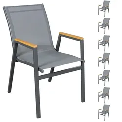 Raburg Gartenstuhl 8er-Set, stapelbar, Aluminium in Anthrazit, Textilene Grau, Armlehnen in Holzoptik, Natur, wetterfest, pflegeleicht, Texas, SenS-Line