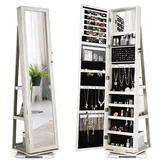 COSTWAY Schmuckschrank, Spiegelschrank mit Ganzkörperspiegel und eingebauter Make-up-Spiegel, 360° drehbar, abschließbar, stehend, Schmuck-Organizer mit Schlüsseln (Weißes Holzoptik)