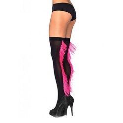 Leg Avenue Kostüm Schwarze Strümpfe mit pinkfarbenen Fransen, Sexy Overknees mit extravagantem Besatz schwarz