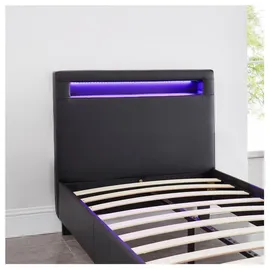 CARO-Möbel Polsterbett Mandalay mit LED Beleuchtung Einzelbett Lederbett 90 x 200 cm mit Lattenrahmen, Lederimitat in schwarz Textil, Mode, 90x200 Schlafzimmer, Betten, Polsterbetten