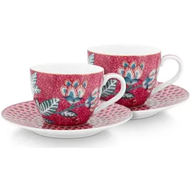 Pip Studio Tasse Flower Festival Espresso m.U. dark pink 120ml Set2, Porzellan, Set/2 Espresso Cups & Saucers Flower Festival Dark Pink 120m rosa