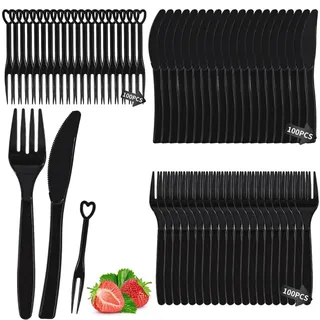 Plastikbesteck, 300 Stück Party Besteck Wiederverwendbar, Plastikgabeln, Plastik Messer, Robustes Kunststoffbesteck, Plastikbesteck Set für Familienfeiern Outdoor Dinne(Schwarz)