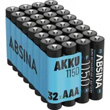 Absina 32x AAA Akku 1150 NiMH & min. 1050 mAh - AAA Akkus wiederaufladbar für Geräte mit hohem Stromverbrauch - Batterien AAA wiederaufladbar ideal für DECT Telefon