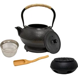 ad.con Teeservice aus Gusseisen 13-tlg mit Stövchen Teekanne 1,5L Schwarz mit Siebeinsatz Teetassen und Untersetzer Tee Set im japanischen Stil