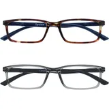 OPULIZE SEE Blaulichtfilter Lesebrille für Damen Herren, Blendfreie UV400-Schutz Federscharnier Anti-Müdigkeit, Rechteckiger Rahmen, Computerbrillen Gaming, 2er-Pack Braun Grau +1,00