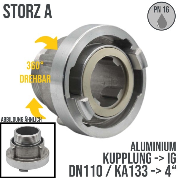 STORZ A DN110 KA133 Kupplung mit drehbarem AG 4" Saug Bau Feuerwehr Schlauch PN 16 bar