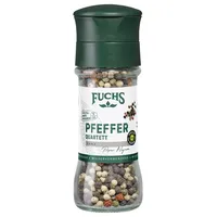 Fuchs Gewürze - Belém Pfeffer Quartett ganz - bunter Belém Pfeffer zum geschmackvollen Würzen allerlei Gerichte mit verstellbarem Mahlwerk - 55 g in wiederverwendbarer Mühle