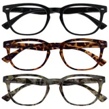 OPULIZE ORA Lesebrille für Damen Herren, Designer Stil, Leser mit Federscharnier, Rechteckiger Rahmen, 3er-Pack Schwarz, Braun & Grau Schildpatt +1,00