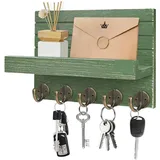 Kldgris Schlüsselbrett mit Ablage, Dekoratives Holz Wandregal, Schlüsselbrett Holz, mit 5 Schlüsselhaken, für Eingang, Flur, Schlafzimmer, Wohnzimmer (Dunkelgrün)