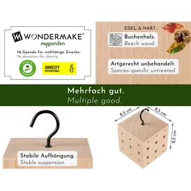WONDERMAKE WONDERMAKE® Insektenhotel klein, Kubus aus Buche-Holz mit 3x 42 Nistplätzen, Bienenhotel hängend Nisthilfe für Wildbienen, braun schwarz
