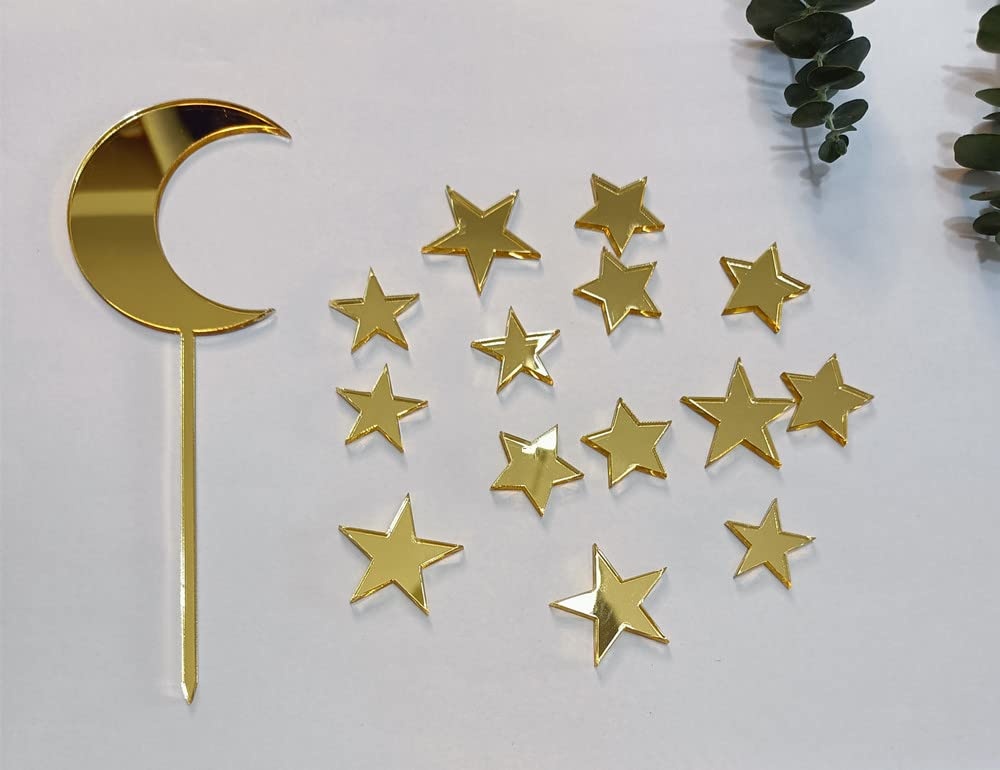 15pcs Acryl Mond Stern Kuchen Toppers, gespiegelt Twink Stern Kuchen Dekoration für Kinder Babyshower Geburtstag Party Supplies(Moon&Star, Gold Mirror)