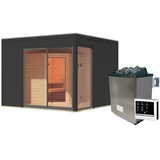 Woodfeeling Karibu Saunahaus Terning 1 mit Vorraum - 38 mm anthrazit Set A (Sauna B 2 x T 1,7 m mit 2 Liegen 57 cm) 9 kW Ofen inkl. Steuergerät inkl. gratis Zubehörpaket (Gesamtwert 191,92€)