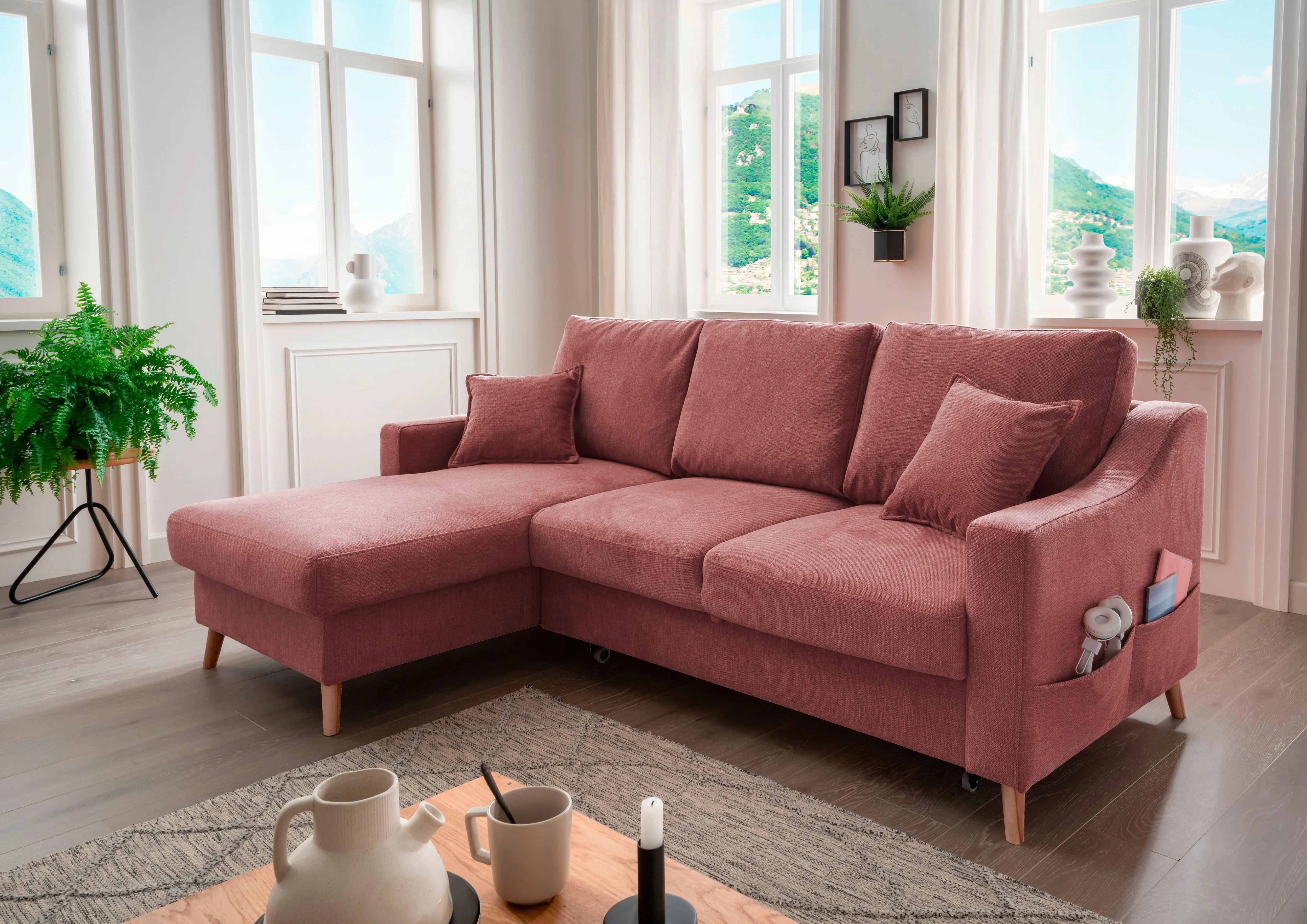 Ecksofa INOSIGN "Valentina L-Form", rosa (pastellrosa), B:228cm H:94cm T:150cm, 100% Polyester, Sofas, 2 Zierkissen, mit Seitentasche, ausziehbarer Liegefläche, Bettkasten