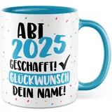 Tasse personalisiert Abi Geschenk Abi 2025 geschafft - Glückwunsch dein Name Geschenkidee Kaffee-Becher Kaffeetasse Tasse mit Spruch personalisierbar eigener Name Schulabschluss