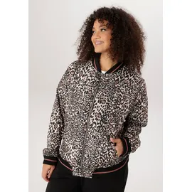 aniston plus ANISTON PLUS, Damen, Gr. 54, bunt (beige, schwarz, braun), Crêpe, Obermaterial: 100% Polyester. Futter: 100% Polyester, hüftlang, Rippbündchen kontrastfarben, Jacken Blouson, Mit Leodruck