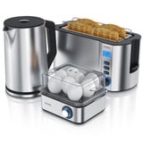 Arendo Frühstücks-Set, 8er Eierkocher EIGHTCOOK, Wasserkocher 1,5l, 4-Scheiben Toaster Langschlitz, Silber