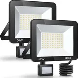 2er-Pack 50-W-LED-Außenstrahler mit Bewegungsmelder, IP67 wasserdicht, 5000 lm, 7000 K, kaltweiß, Außenbeleuchtung für Garten, Terrasse,