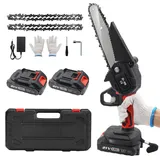 6 Zoll Mini Kettensäge Akku (2000mAh ×2) mit Schnellladegerät - Einhand Elektro-Motorsäge für Garten, Holz & Äste - Leicht & Sicher mit Scharfkette - Rot