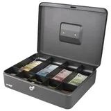 HMF Geldkassette abschließbar, Kasse mit 5 Münzfächern und 4 Geldscheinmulden, 30 x 24 x 9 cm Schwarz