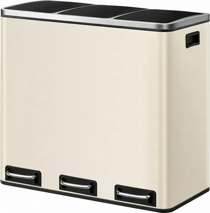 Ochama Sandbeiges 3-fach Wertstoff-Trennsystem – 3 x 18 L (4,8 Gallonen pro Behälter), Stahl, sanft schließende Deckel, Pedale, Inneneimer, inklusive 15 Müllbeuteln – perfekt zur Küchenabfalltrennung, 61.7x35.2x56.4cm