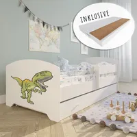 Kids Collective Kinderbett 160x80 cm mit Matratze und Schublade, Rausfallschutz & Lattenrost weiß mit Dinosaurier Motiv V - Weiß