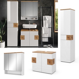 Vicco Badmöbel-Set Eden Weiß Hochglanz/Artisan-Eiche 3 Teile, mit Hochschrank