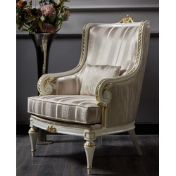 Casa Padrino Luxus Barock Sessel Gold / Weiß / Gold - Prunkvoller Wohnzimmer Sessel mit Streifen - Barockstil Wohnzimmer Möbel - Luxus Möbel im Barockstil - Barock Einrichtung - Edel & Prunkvoll