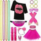 XCMVCN 80er & 90er Jahre Outfit Damen, Kostüm 80er Jahre damen für Fasching und Mottoparty mit Accessoires - (Rosa,S)