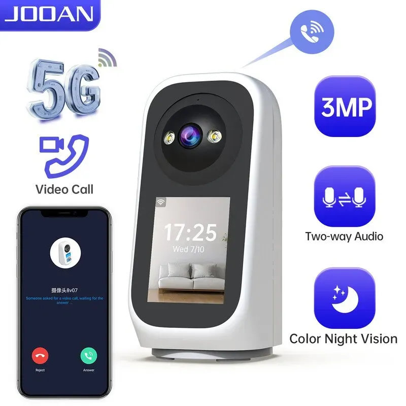 JOOAN 5G WLAN Sicherheitskamera für Innen mit Display, 2K-Überwachungskamera, 360° PTZ, IP-Kamera für zu Hause, Baby & Senior, SD-Karte & Cloud-Storage, Bewegungsdetektion & Auto-Tracking, Zwei-Wege-Video, Farbnachtsicht