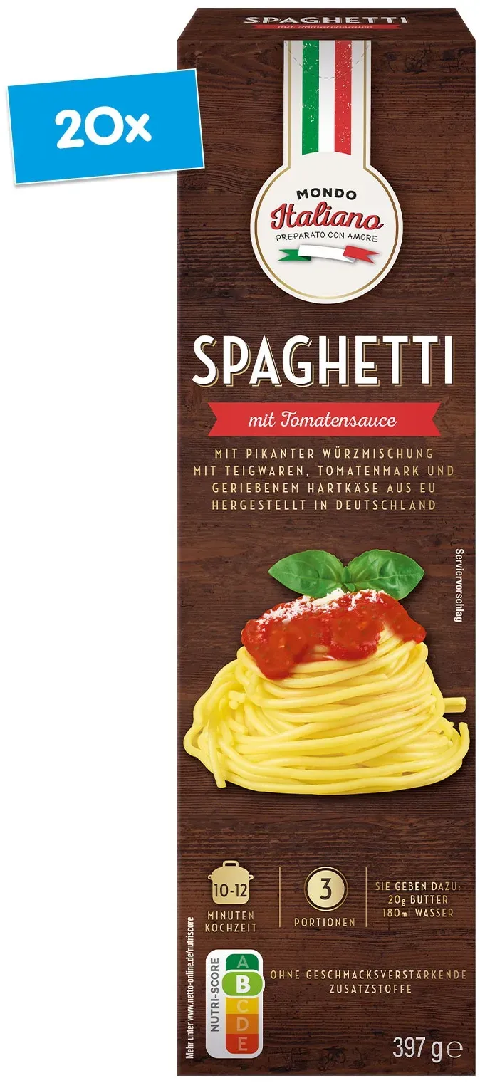 Mondo Italiano Spaghetti mit Tomatensauce 397 g, 20er Pack