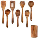 OKWISH Kochbesteck-Set Küchenhelfer Set Kochgeschirr Küchenutensilien Küchengerät Küchen (Holzutensilien Holz Kochset Antihaft Hitzebeständig mit Utensilienhalter, 8-tlg., Holzspatel, Utensilien-Set, Sieblöffel, Salatgabel, Kochutensilien), Massivholz Multifunktionales Holzlöffel Kochzubehör für kochen backen beige