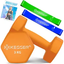 Kesser KESSER® Hanteln Hantelset 2er Set 2kg - 5kg farbig, Kurzhanteln Neopren, Hexagon, Krafttraining, Workout, Fitnesstraining, für Zuhause Mit Übungsheft, 2x Fitnessbänder