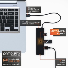 Primewire USB 3.2 Hub mit Netzteil, Ultra Slim 4-Port Verteiler, Datenhub für PC PS4 Notebook Netbook Laptop Ultrabook Tablet-PC MacBook, Bus-Powered