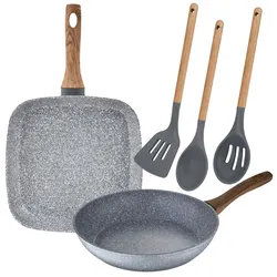 San Ignacio - Set aus Pfanne und Grillpfanne 26 cm und 28x28 cm, geschmiedetes Aluminium + Set aus 3 Küchenutensilien