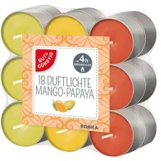 Duftlichter, Teelicht mit hochwertigem Duftkonzentrat, 1 Packung = 18 Stück, Mango/Papaya