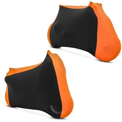Set: Motorradabdeckung Indoor XL-XXL Stretch Garage in schwarz-orange + Motorradabdeckung Indoor M-L Stretch Garage in schwarz-orange